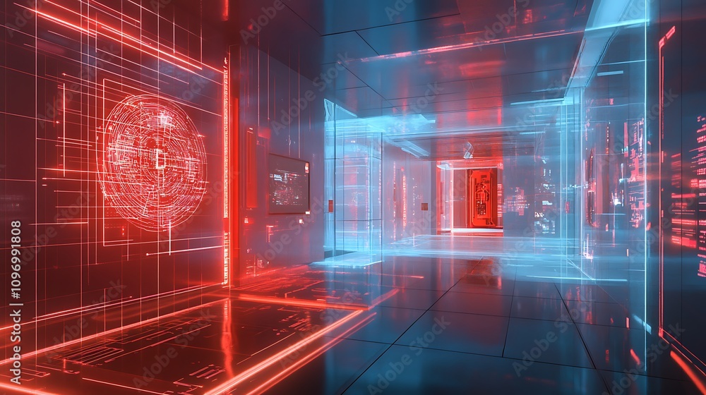 Poster a futuristic physics lab with digital models for exploring the effects of high-energy particle inter