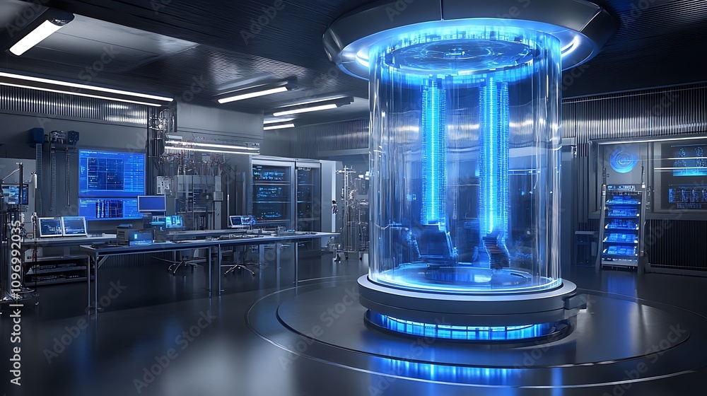 Poster a futuristic physics lab with digital simulations of the interactions between fundamental particles 