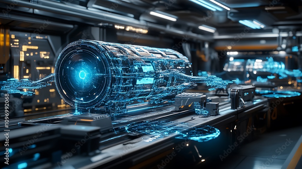 Poster a futuristic physics lab with digital simulations of the interactions between fundamental particles 