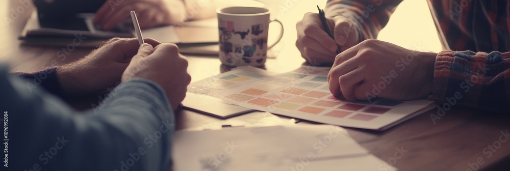 Poster two people collaborating over color palettes and sketches on a wooden table.