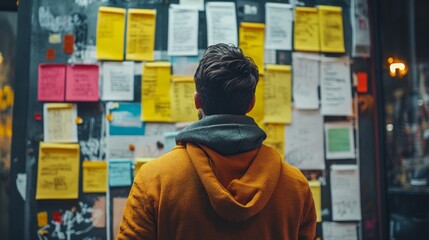 Man Reviews Information On A Bulletin Board