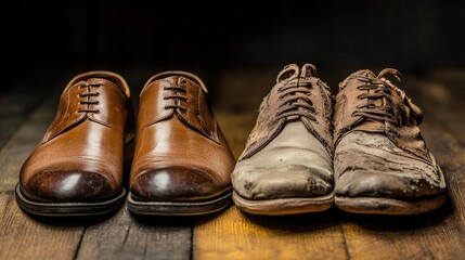 Contrast of Elegance and Wear: A Visual Journey Between Polished Brown Dress Shoes and Worn Out Footwear on a Wooden Surface