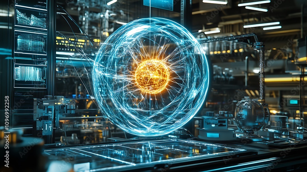 Poster a futuristic physics lab with digital simulations of the interactions between fundamental particles 