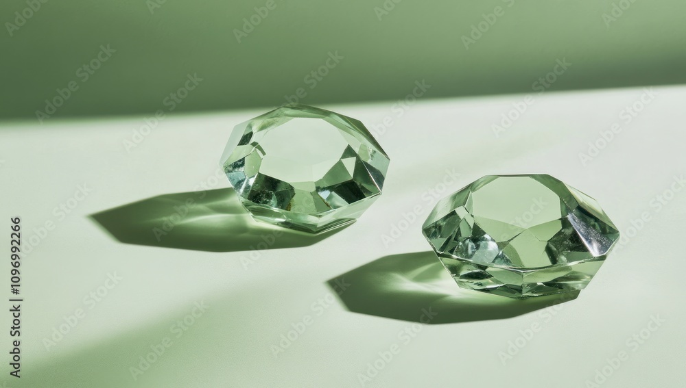Poster Two faceted crystal objects casting shadows on a light green surface.