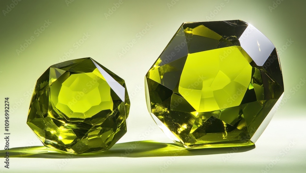 Poster two large, faceted green crystals reflecting light on a soft background.