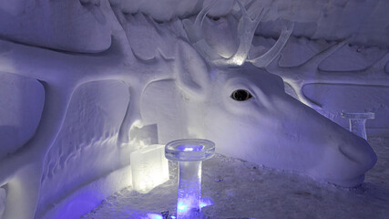 a reindeer carved into a ice cave for Christmas