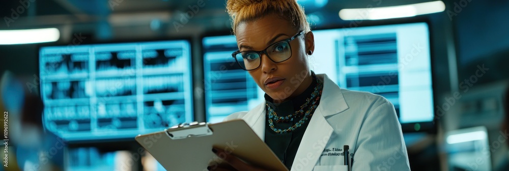 Aufkleber A focused professional in a lab coat reviews data on a clipboard in a high-tech environment.
