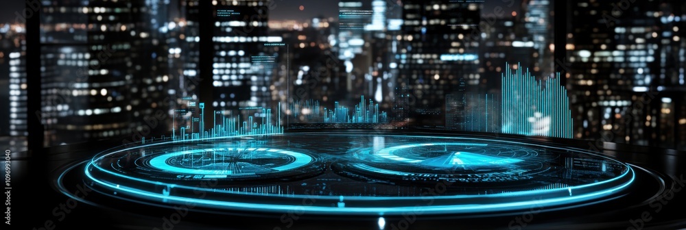Poster futuristic cityscape with a holographic interface and digital elements.