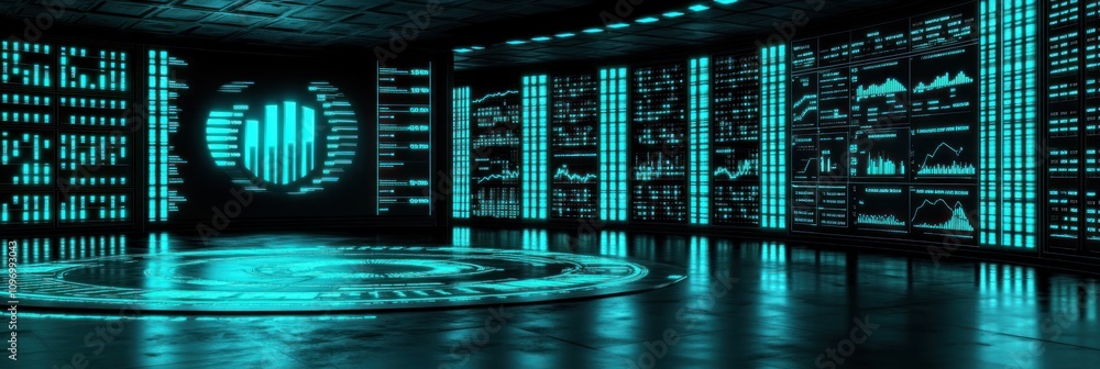 Poster a futuristic control room with glowing screens displaying data and analytics.