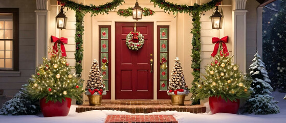 Obraz premium At the door of a house, there is a beautiful Christmas-themed decoration adorned with Christmas ornaments.