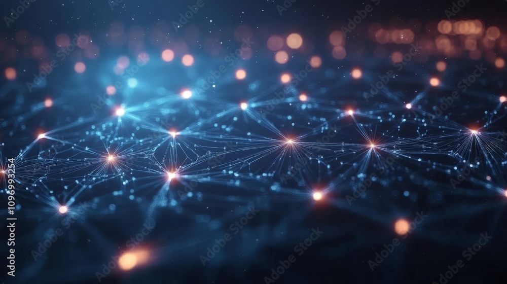 Poster a close-up view of a digital network, showcasing glowing nodes connected by lines, illustrating mode