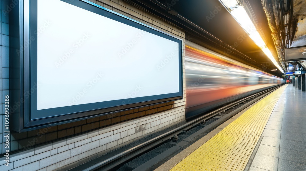 Poster a subway station scene with a blurred train and an empty advertisement space.
