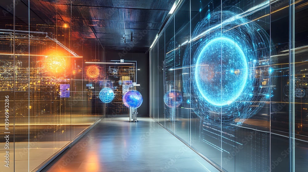 Poster a futuristic physics research facility with interactive digital models of particle collision events 