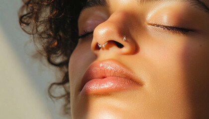 Close up of a young woman's face with a septum piercing, highlighting her glowing skin in the sunlight