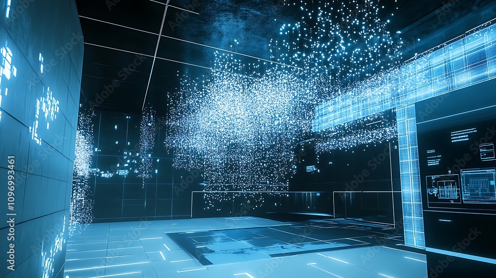Poster a futuristic physics research facility with interactive digital models of particle collision events 