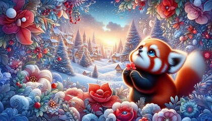 Roter Pandabär in einer Winterlandschaft