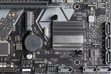 Computer motherboard as background, top view. Electronic engineering