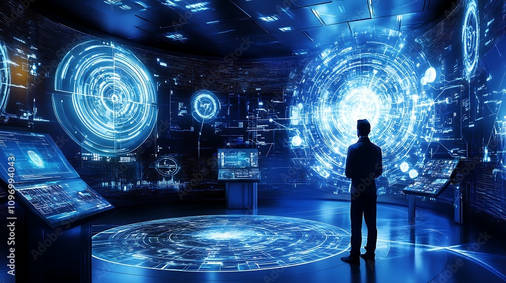 Poster a futuristic physics research facility with interactive models of the behavior of particles in extre
