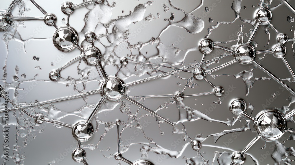 Fototapete a close-up view of interconnected molecules with a reflective surface, emphasizing scientific struct