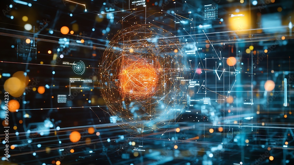 Poster a futuristic physics research facility with interactive digital models of particle collision events 