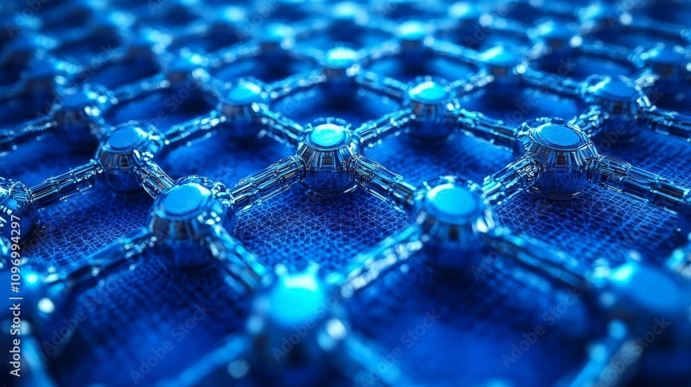 Poster a close-up view of a futuristic blue grid structure highlighting intricate patterns and textures, sh