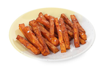 Delicious sweet potato fries isolated on white
