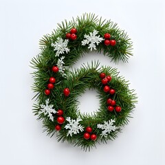 Festive number six with pine, berries, and snowflakes, ideal for Christmas decoration