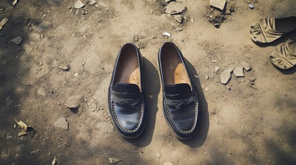 Stylish black loafers on dusty ground with worn sandals nearby, showcasing contrasting footwear and rustic environment in a vibrant outdoor setting