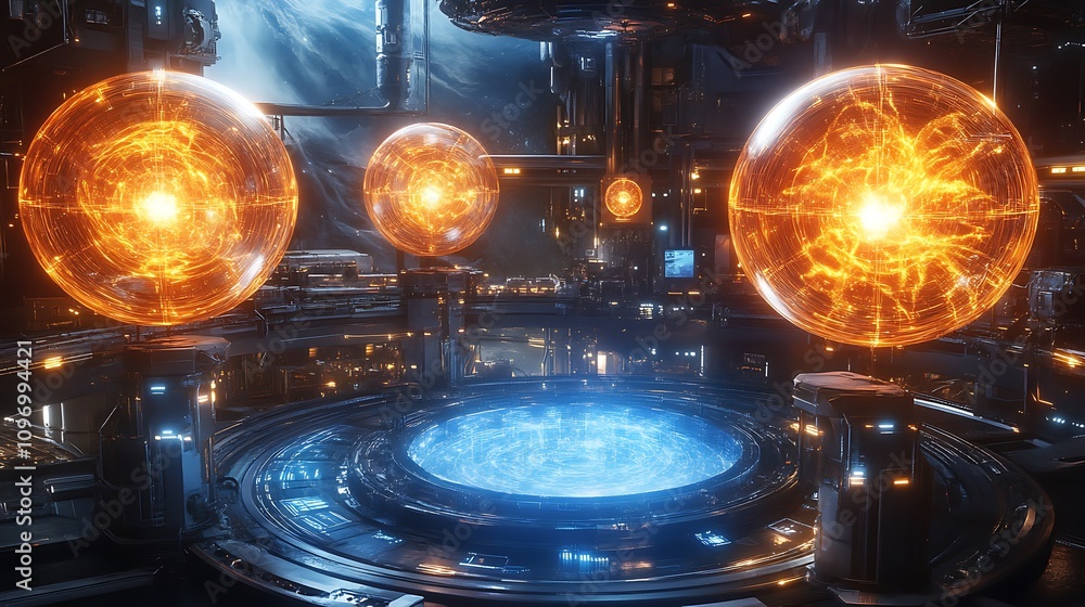 Poster a futuristic physics research facility with interactive digital models of particle collision events 