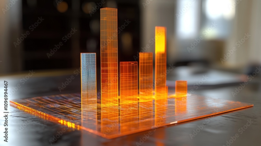 Poster A 3D bar chart model made of translucent orange material, representing data visualization.