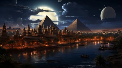 Obraz premium Mystical Egyptian pyramids under a magical sky reveal the secrets of an ancient civilization.