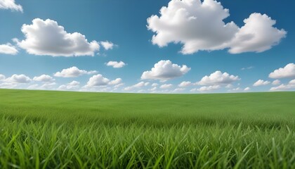 Fototapeta premium Campo de hierba verde con un cielo azul claro y nubes blancas esponjosas