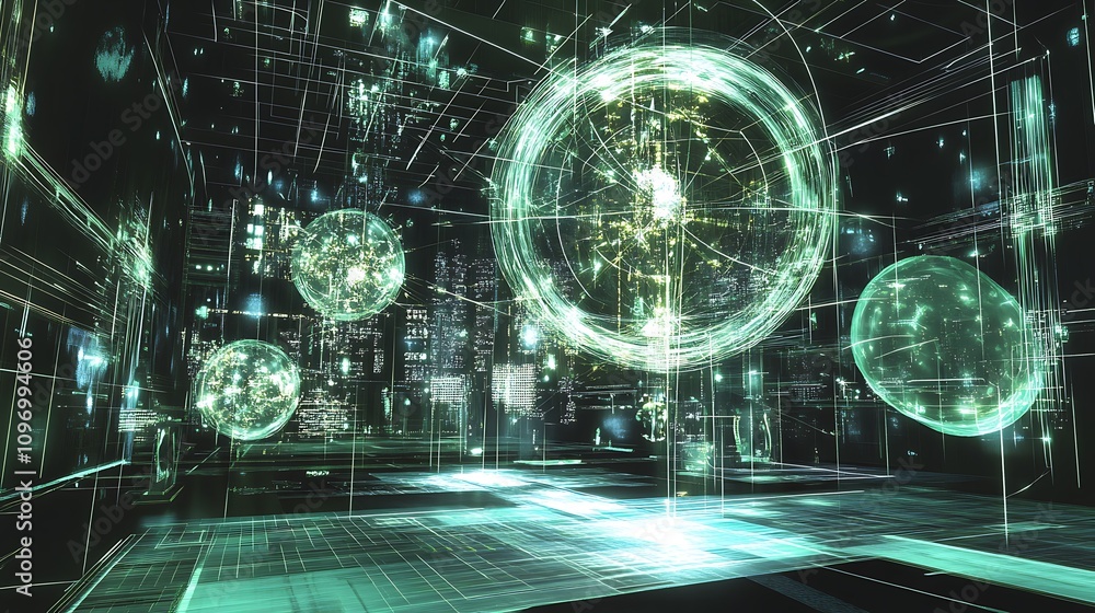 Poster a futuristic physics research center with augmented reality tools for exploring the nature of spacet