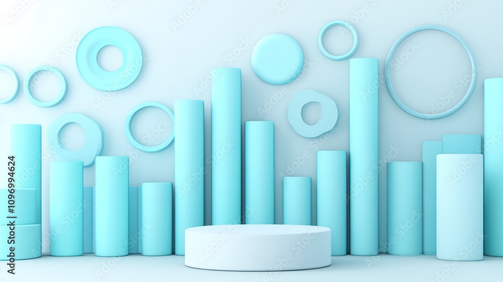 Aufkleber a minimalist display featuring cylindrical and circular shapes in soft blue tones.