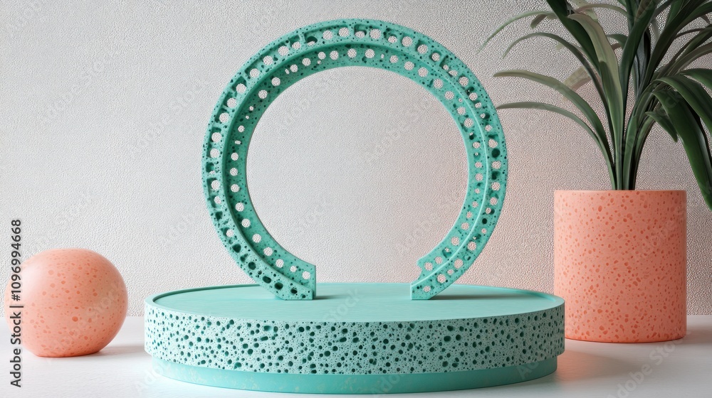 Poster a modern decorative display featuring a circular turquoise sculpture and textured pots.
