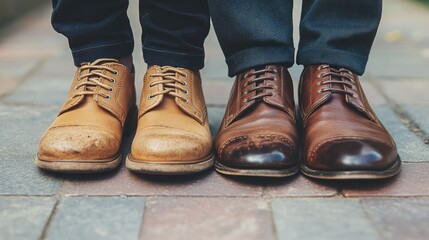 Stylish Footwear on Cobblestone Street: A Close-Up of Two Pairs of Dress Shoes Showcasing Unique Designs and Textures in a Natural Outdoor Setting