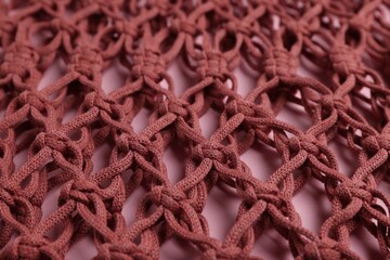 Macrame shopping bag on pink background, closeup