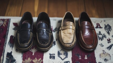 Stylish Collection of Leather Shoes on a Vintage Rug Showcasing Classy Footwear Choices for Fashion Enthusiasts and Lifestyle Photography