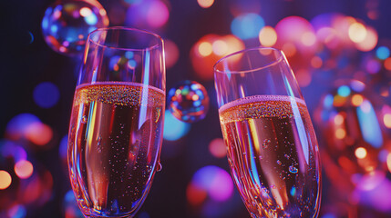 two glasses of champagne on christmas background