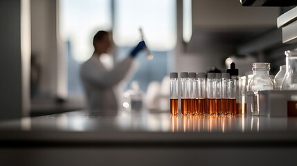 Researcher conducts experiments in a modern laboratory with test tubes and chemical solutions
