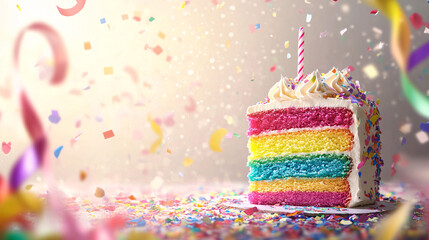 birthday cake with candles and confetti