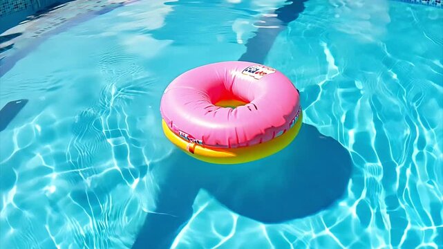 Swimming pool top view, Bright Pink Inflatable Donut pool toy in a blue swimming pool on sunny day.