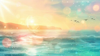 Flying Birds Over Reflective Sea: Serene Summer Scene Capturing Tranquility, Rest, and the Joy of Travel
