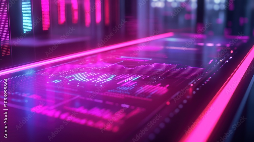 Aufkleber A futuristic digital interface displaying data visualizations in vibrant neon colors.