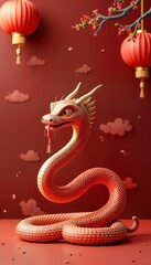 Fototapeta premium Red snake 3D render. 2025 Chinese New Year zodiac symbol. Lunar new year festive design. Asian culture celebration graphic. Holiday greeting card template. Wealth prosperity lucky charm. Oriental art