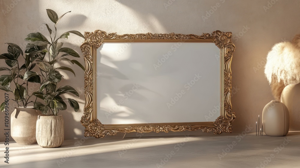 Poster a decorative empty frame stands against a minimalist backdrop with plants.
