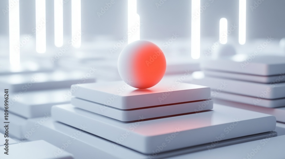 Poster a minimalistic scene featuring a glowing red sphere atop white platforms with ambient lighting.