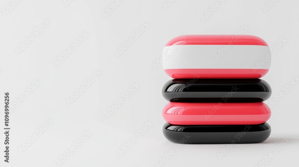 Poster a stack of smooth, colorful, rounded objects in pink, white, and black on a minimalistic background.