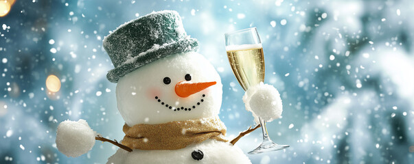 snowman  with a glass of champagne on the background of snow