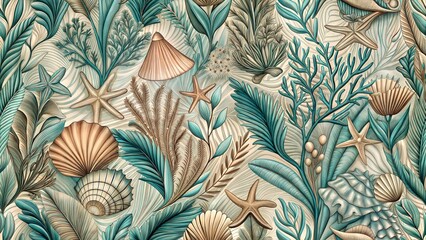 Seamless pattern of seashells and marine plants in soft tones.